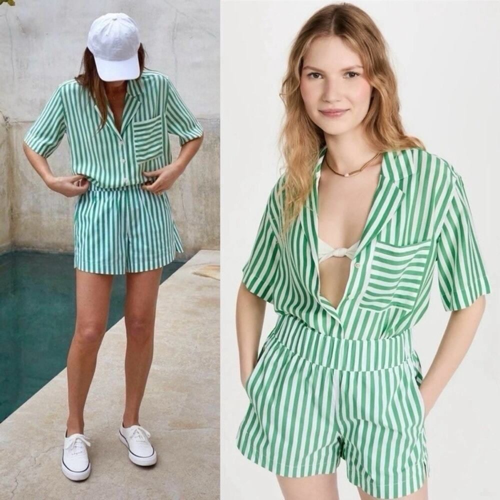 AYR Staycation Shorts White And Green Striped Boxer Style Loungewear Sz Medium